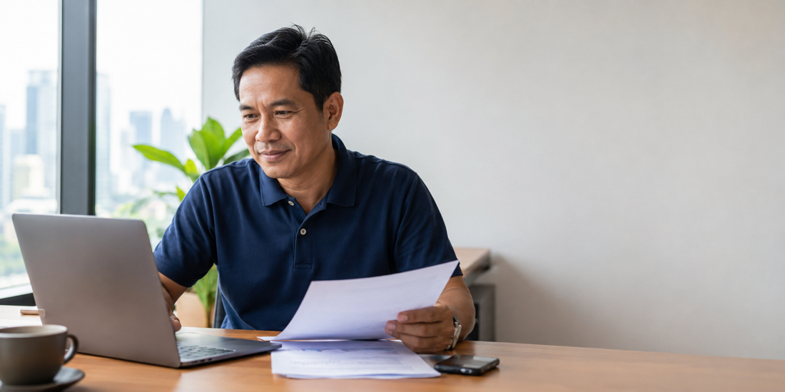 Filipino business owner reviewing matched government tenders on a laptop