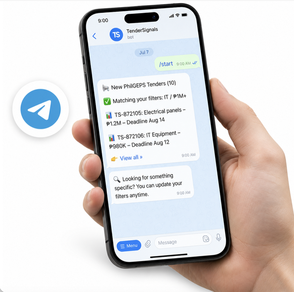 TenderSignals Telegram bot sending daily PhilGEPS tender alerts